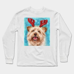 Painting of an Adorable Smiling Yorkshire Terrier with Red Antlers for Christmas Long Sleeve T-Shirt